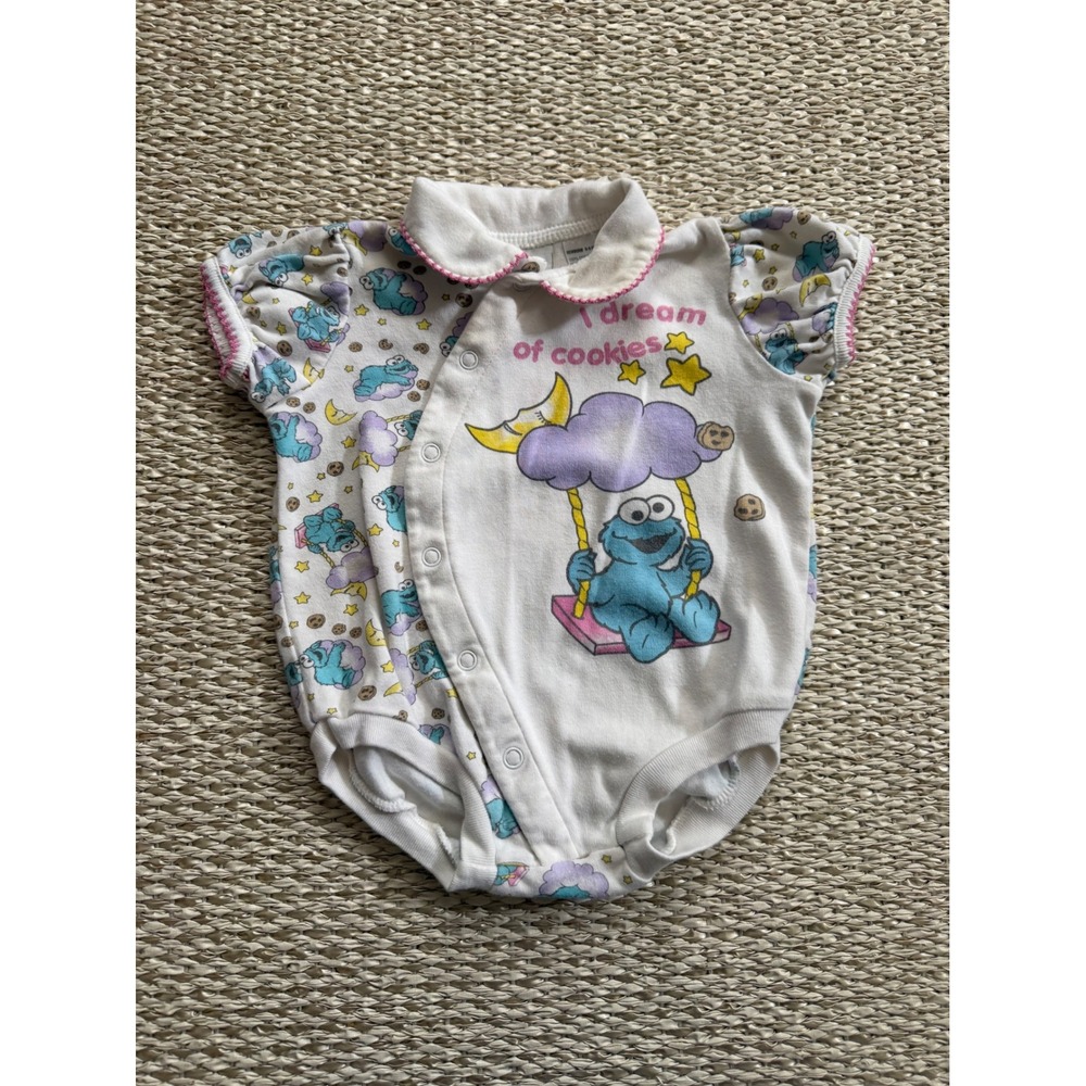 Sesame Street Cookie Monster Romper White Pink 6-9M Infant‎ vintage y2k 90's
